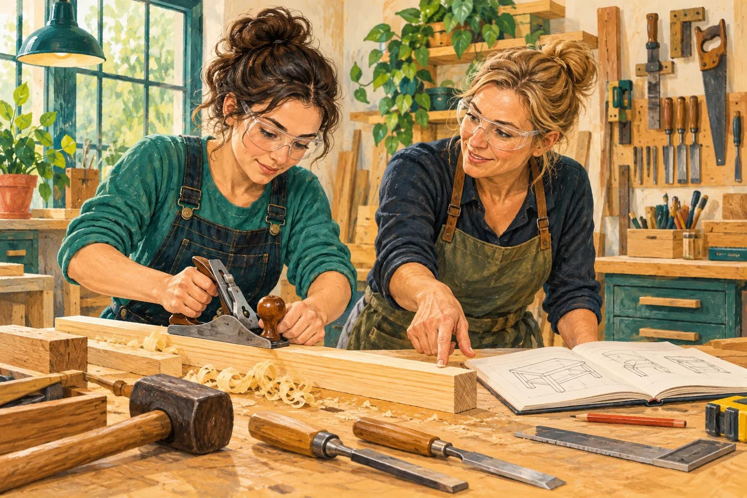 Gouache illustration of a female trainee and a female trainer at a tidy woodworking bench, with safety glasses, hand tools and a training notebook.