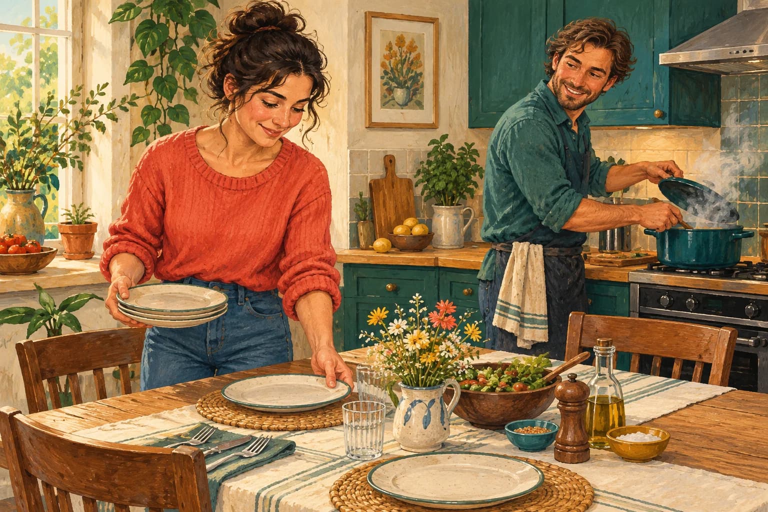 Two friends prepare a small dinner, one setting plates on a table while the other checks a pot in the kitchen.