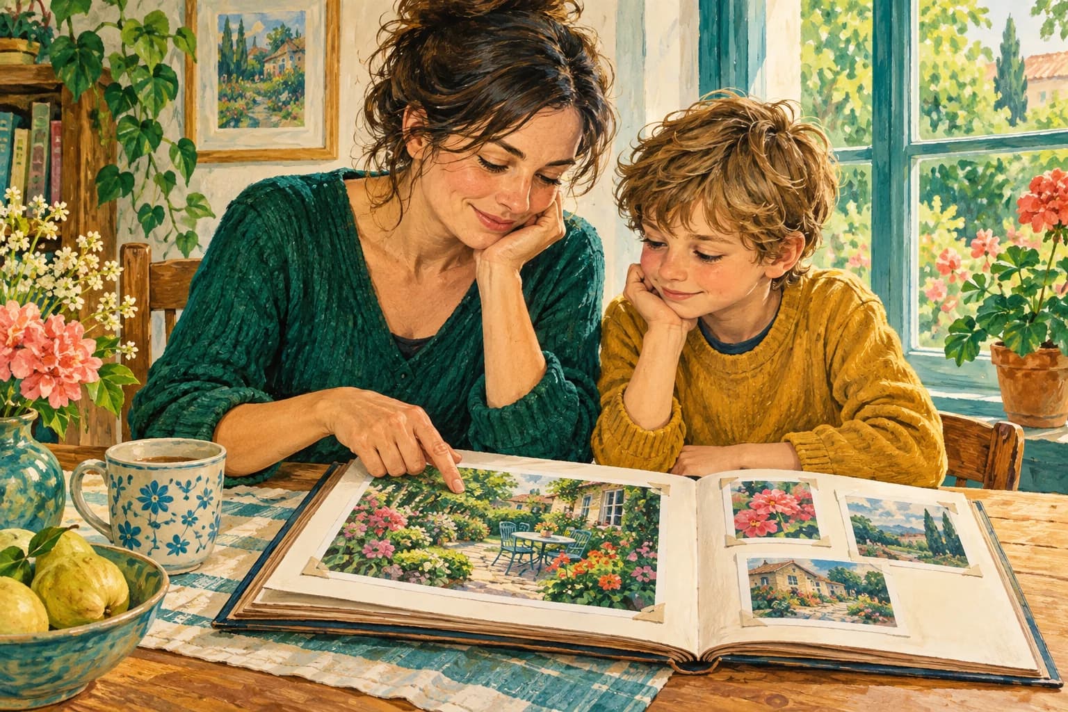 An adult and a child look through an album at a table beside a window, with a picture of a garden visible on the page.