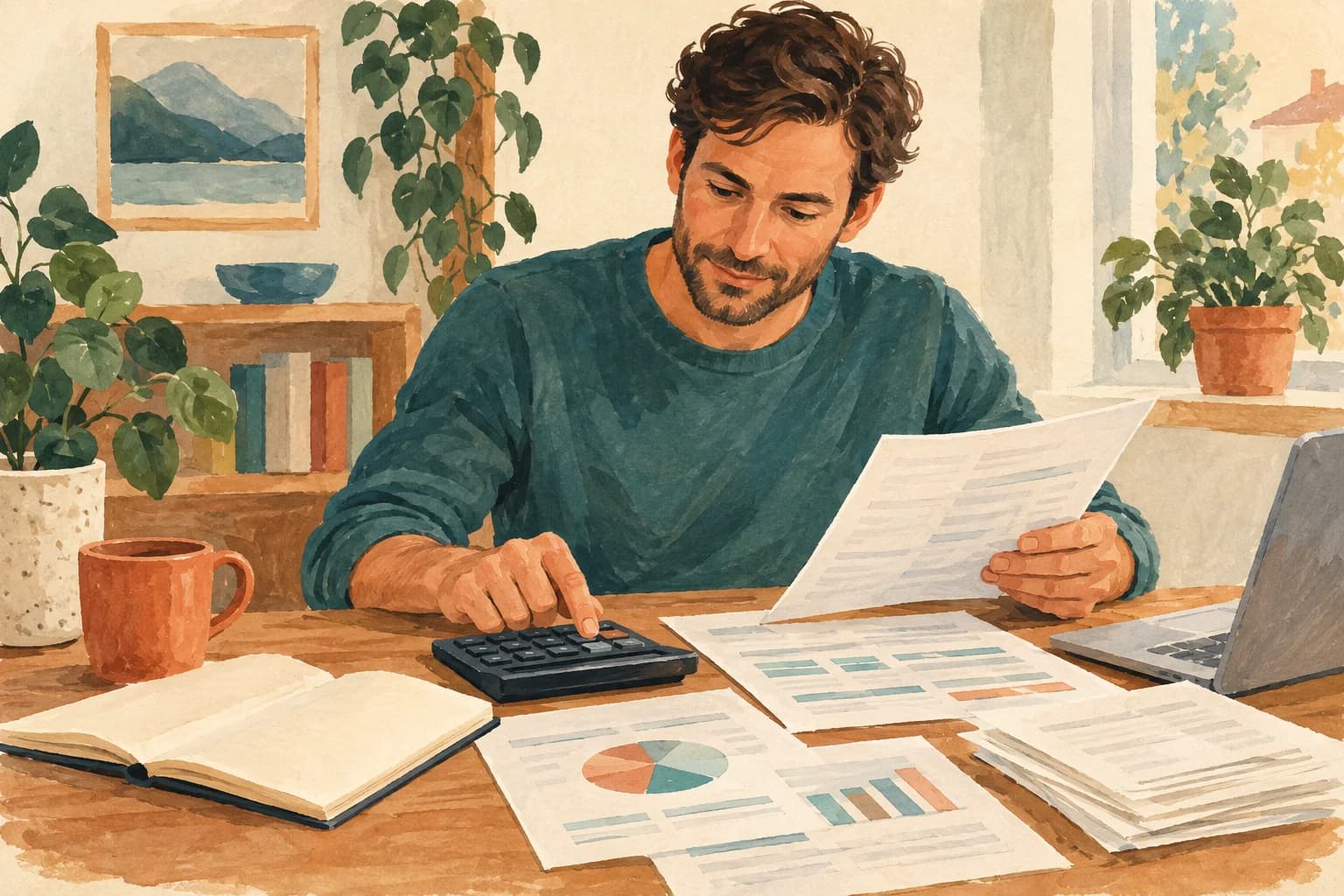An adult compares a fictional budget and account documents with a calculator at a desk.
