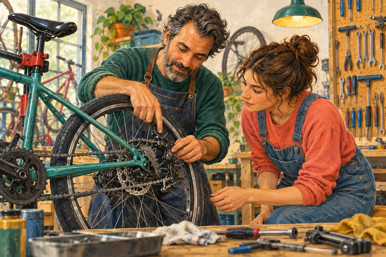 A patient adult shows a younger person how to repair a bicycle in a small community workshop.