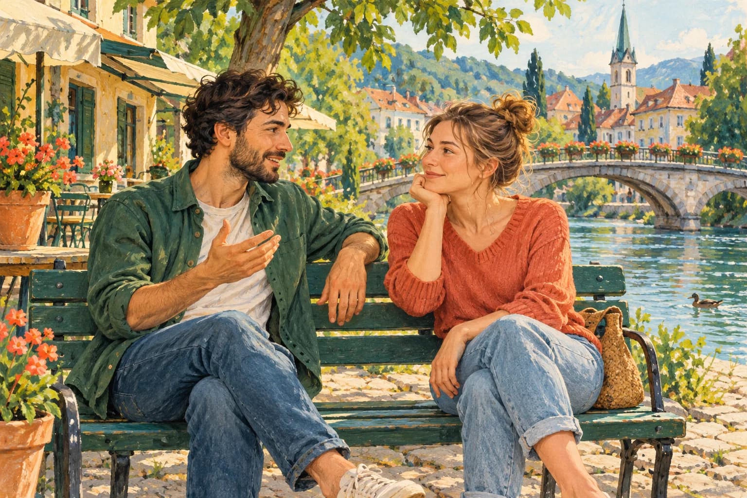 A person sits with a friend on a riverside bench near a small café and a footbridge in a quiet town.