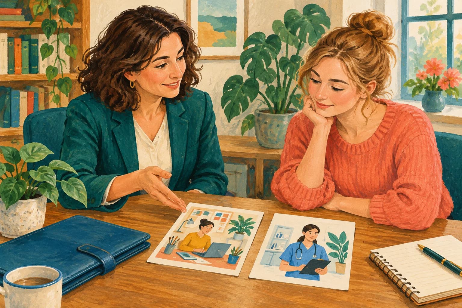 Gouache illustration of a fictional career adviser and a woman comparing two career paths drawn on cards at a wooden desk, with a plant and a blue portfolio.