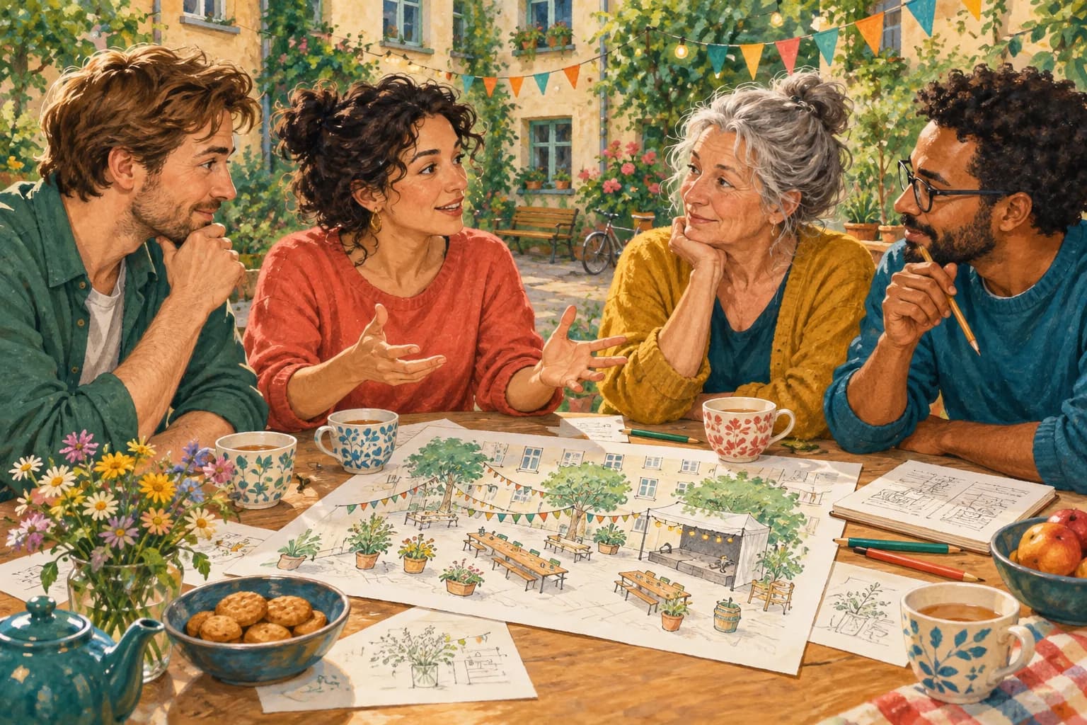 Four neighbours discuss a courtyard event around a table, with a sketch of the courtyard and tea cups between them.