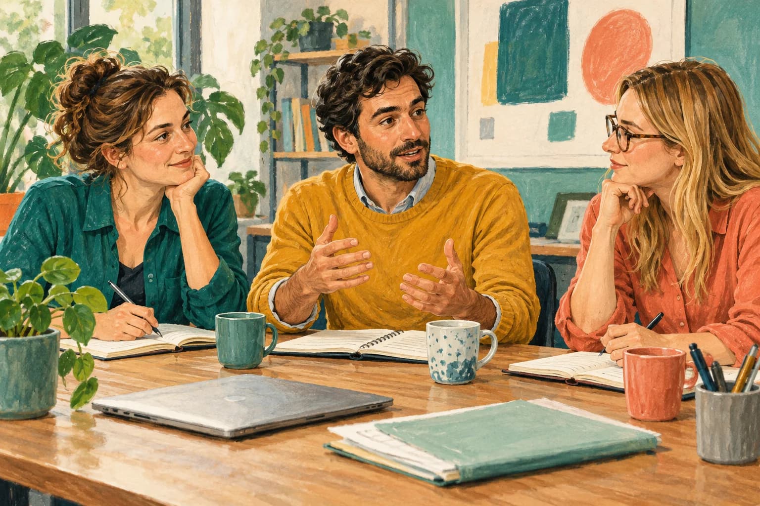 Three colleagues sit at an office table, one speaking while the others listen with notebooks open.