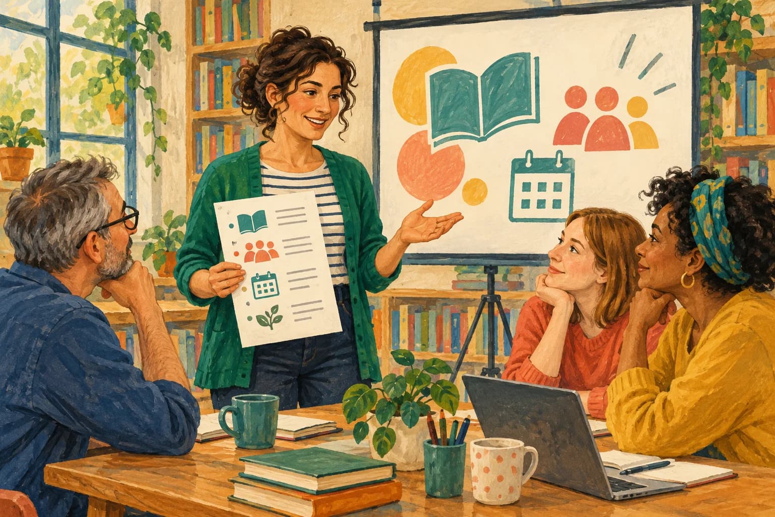 A volunteer presents a simple library event plan to three people beside a screen with coloured shapes.
