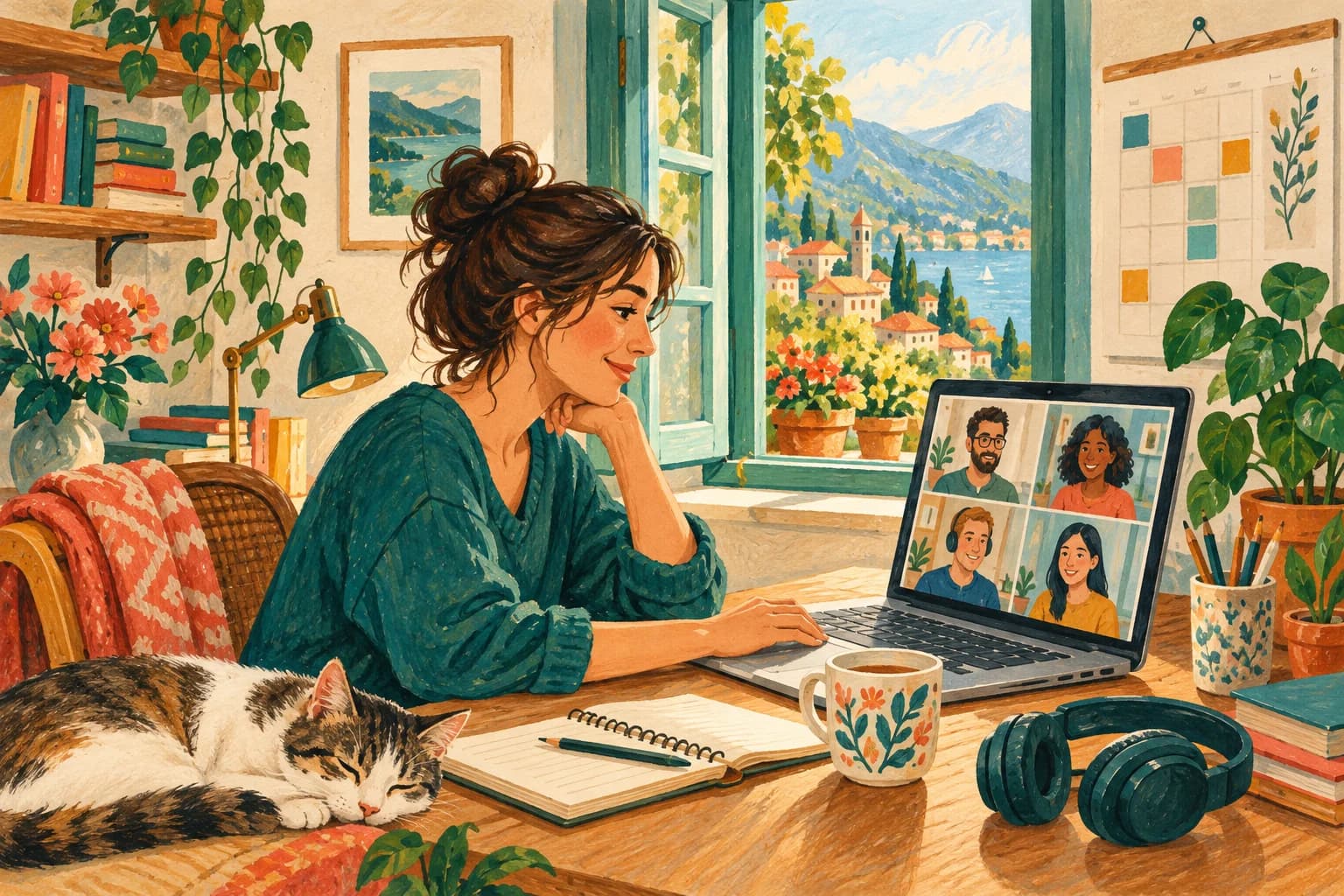 Gouache illustration of a fictional remote worker at a home desk beside an open window, with a calendar, headphones and a small screen showing abstract colleague portraits.