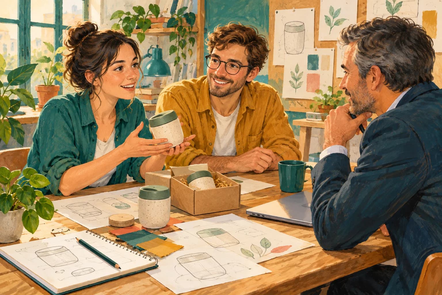 Gouache illustration of two fictional founders discussing a small product prototype with an investor, with paper sketches, a notebook and a sample box on a modest studio table.