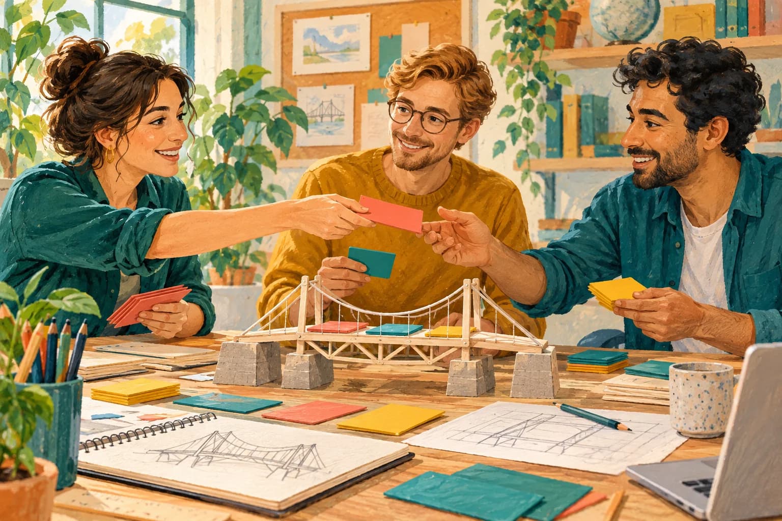 Gouache illustration of three fictional colleagues exchanging colored task cards across a shared desk, with each person contributing to a small model bridge.
